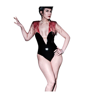 RM Brush Stroke Painted Latex Bodysuit with Detachable Crystal Tulle Shoulder Drape