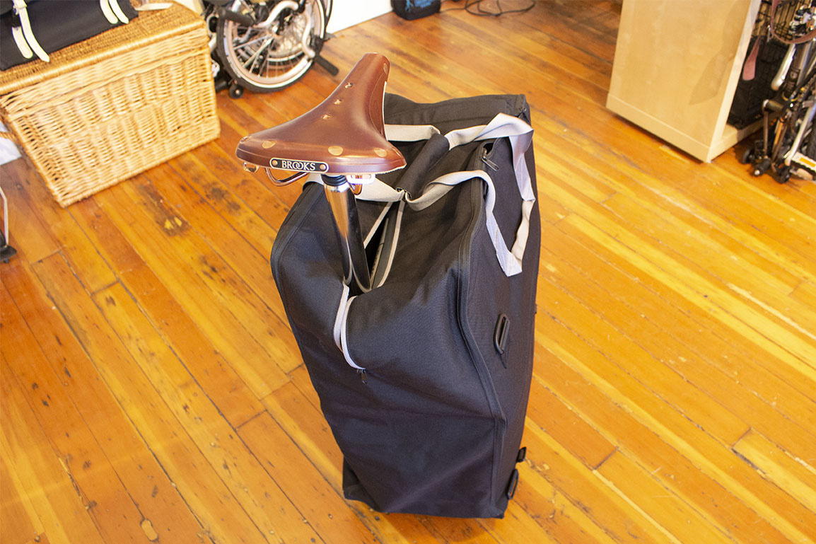 Brompton Travel Bag, seatpost, and Brooks saddle