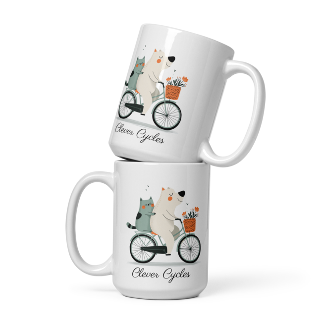Clever Cycles 15 oz Mug – Dog & Cat Bicycle Ride