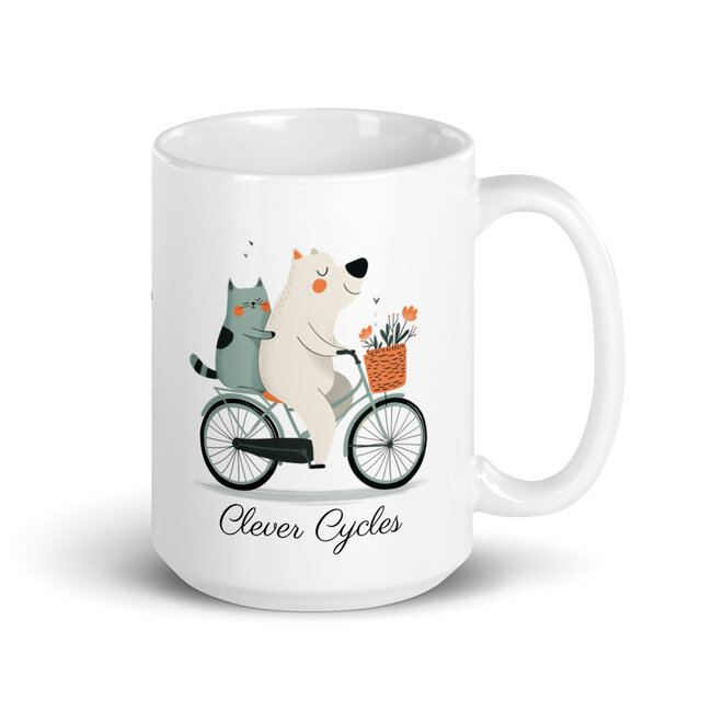 Clever Cycles 15 oz Mug – Dog & Cat Bicycle Ride
