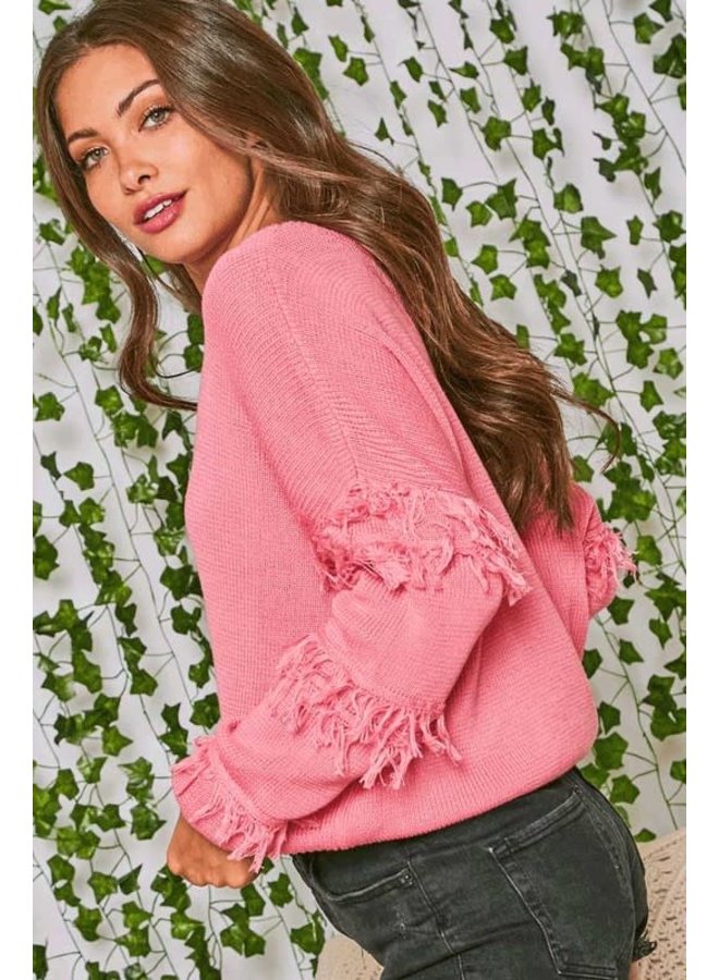 KEHLANI SOLID KNIT FRAYED TRIM SWEATER 