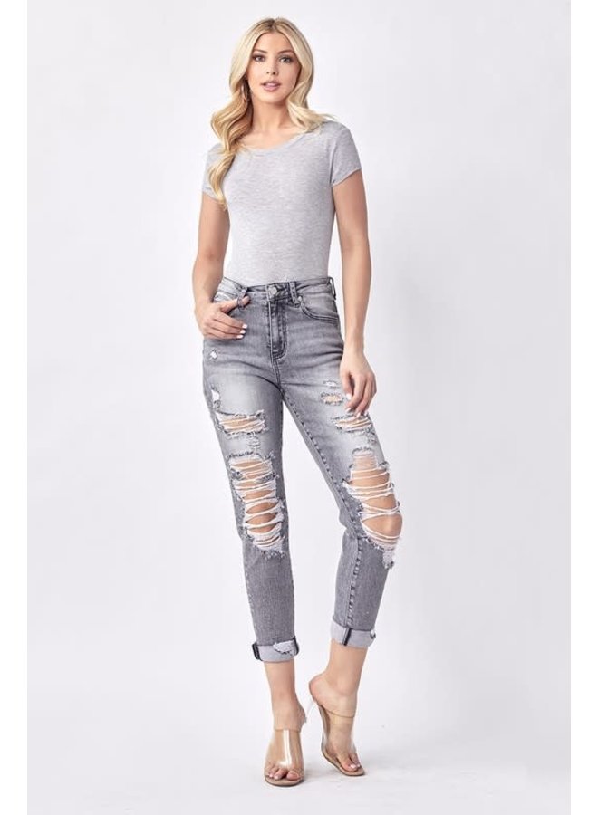 YUMI DISTRESSED RELAXED FIT SKINNY W/ ROLLED UP CUFF