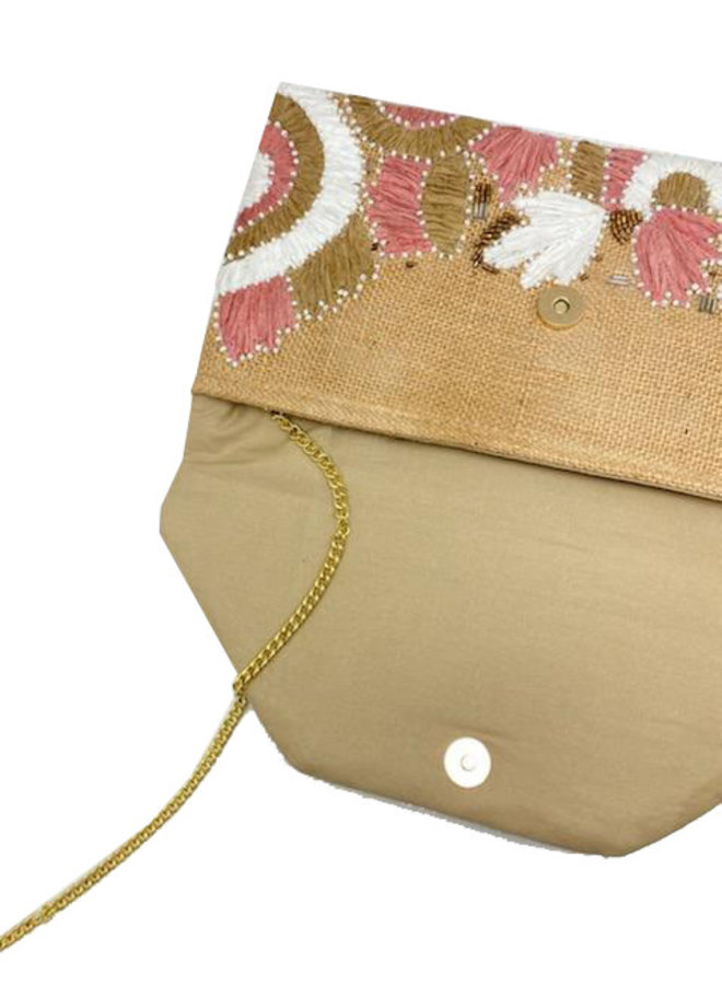 PINK STRAW EMBROIDERED AND BEADED JUTE CLUTCH