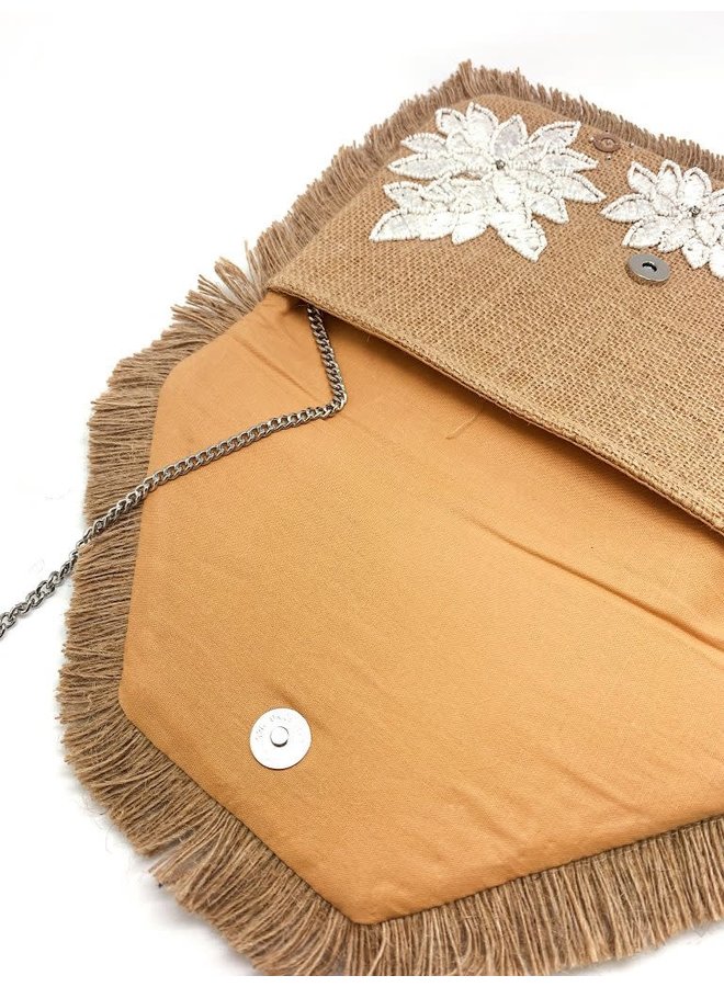 JUTE WHITE APPLIQUE EMBROIDERED CLUTCH