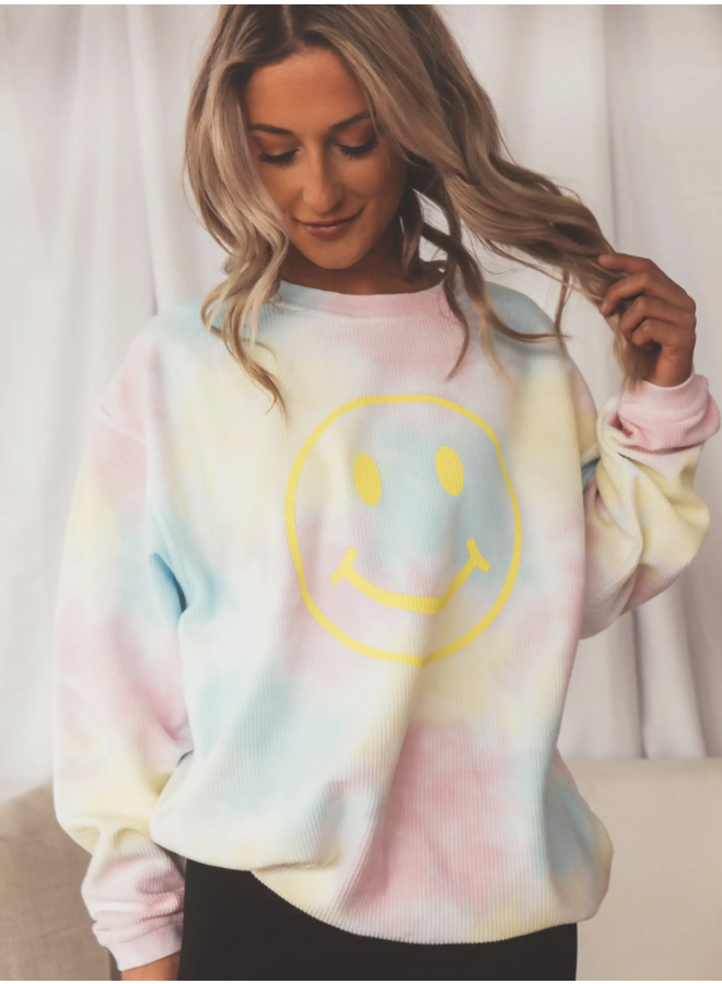 SMILEY FACE TIE DYE CORDED PULLOVER