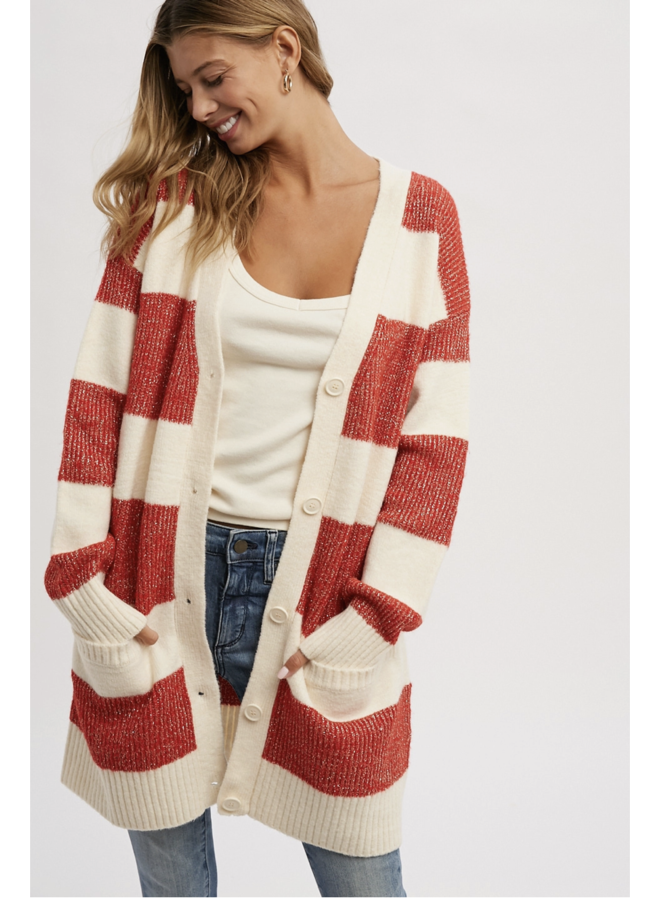 RUBY COLOR BLOCK FRONT BUTTON CARDIGAN 