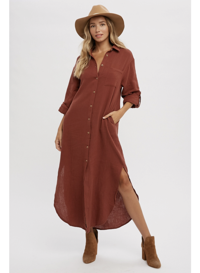 SARAH BUTTON UP MAXI SHIRT DRESS WITH POCKET