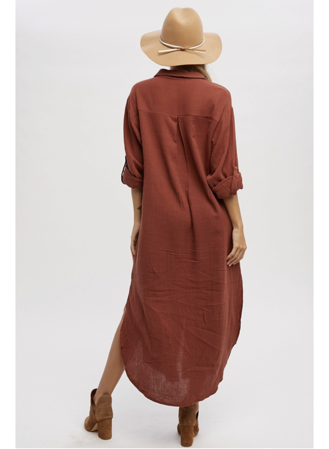 SARAH BUTTON UP MAXI SHIRT DRESS WITH POCKET