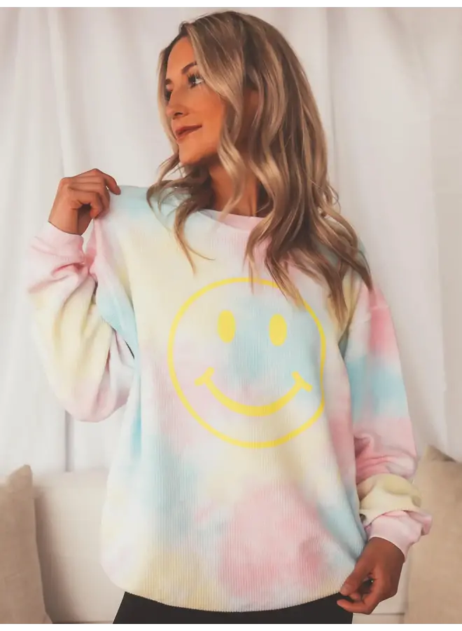 SMILEY FACE TIE DYE CORDED PULLOVER