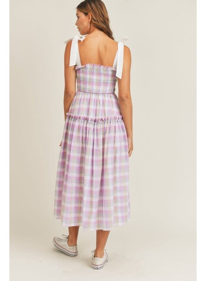 HARPER PLAID SHOULDER TIE MIDI DRESS