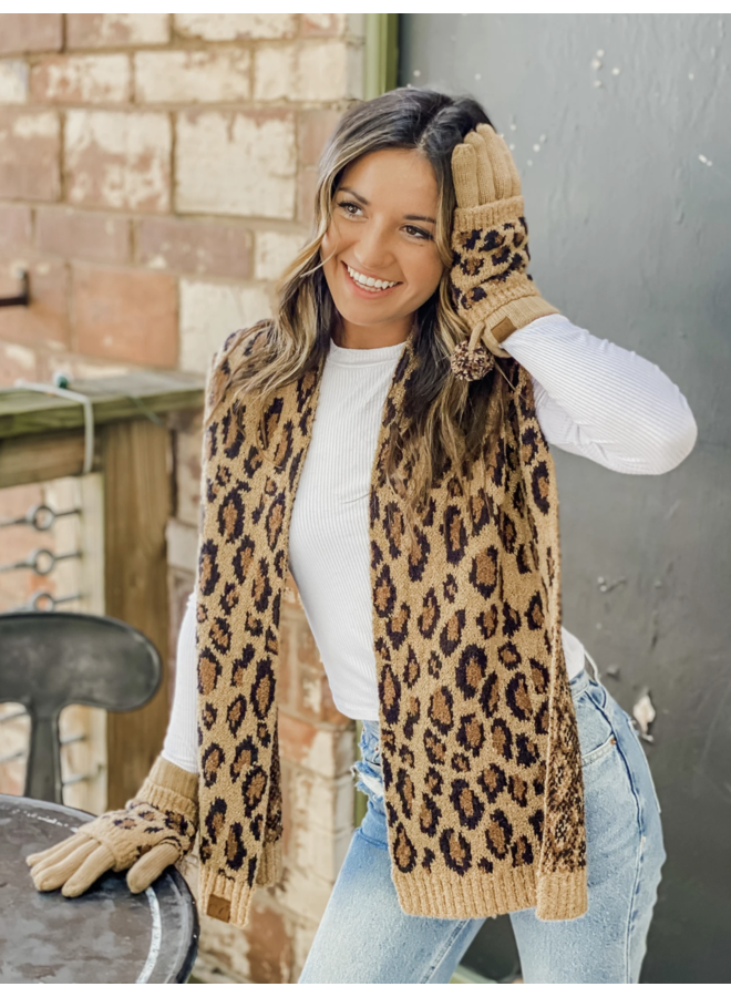 LEOPARD BOUCLE KNIT SCARF + BEANIE + GLOVES