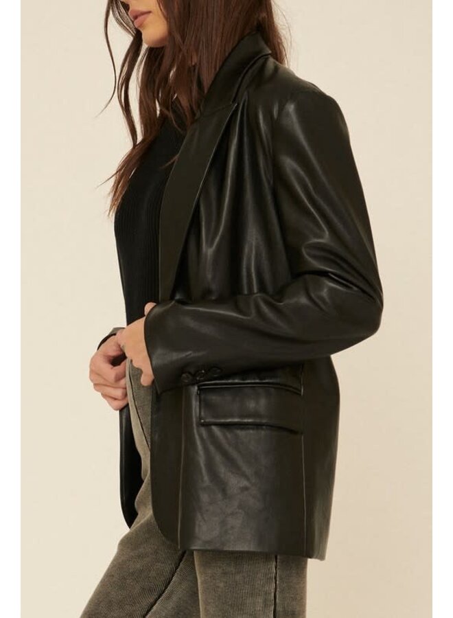 KIM FAUX LEATHER BLAZER WITH POCKETS