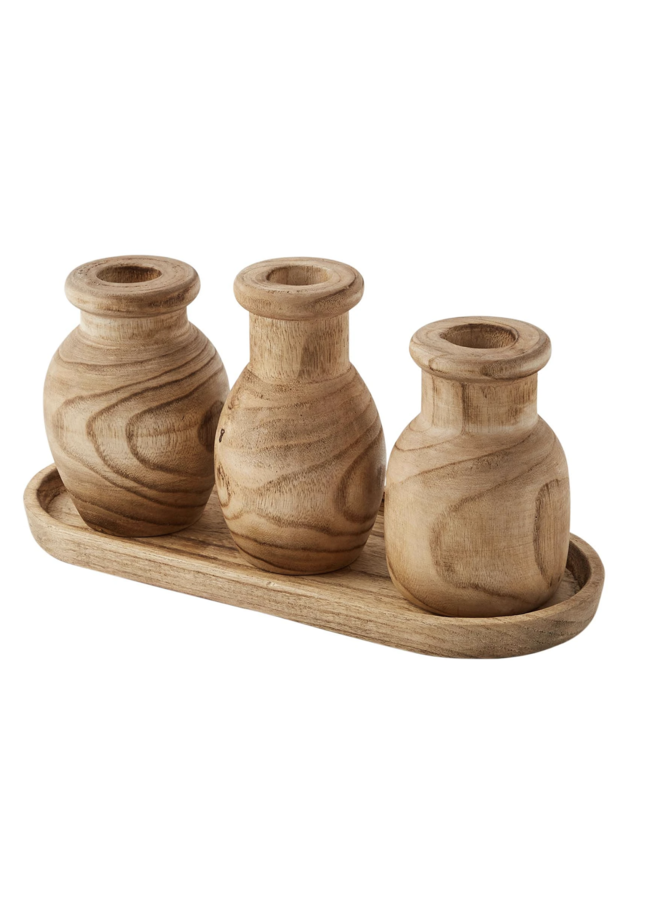 4 PIECE SET - PAULOWNIA VASES WITH TRAY