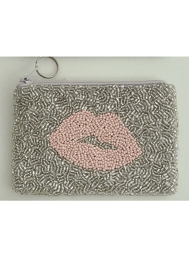 SILVER & PINK LIP BEADED CLUTCH