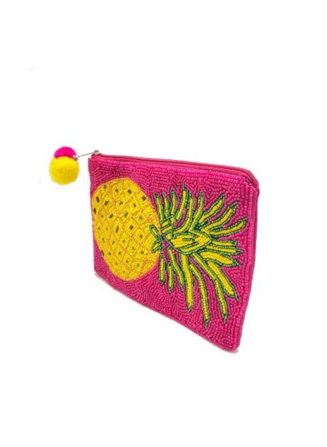 HOT PINK PINEAPPLE BEADED POUCH