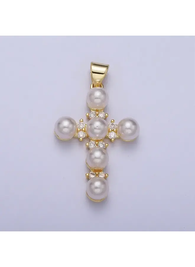 MICRO PAVED ROUND PEARL- GOLD CROSS PENDANT