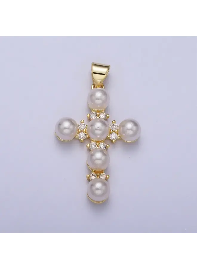 MICRO PAVED ROUND PEARL- 24KGF CROSS PENDANT
