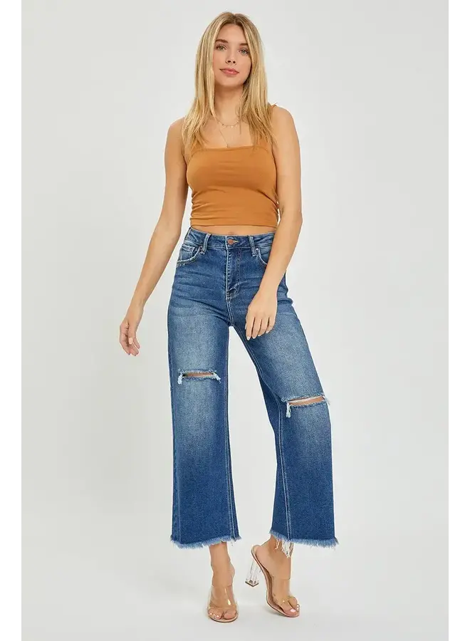 KATY HIGH RISE FRAYED  WIDE LEG JEANS-DARK WASH