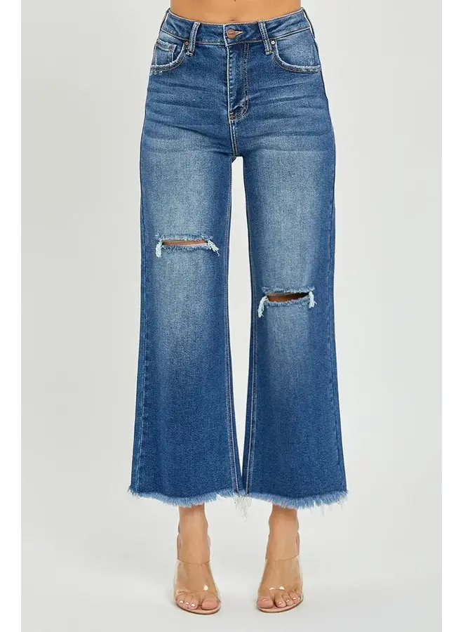 KATY HIGH RISE FRAYED  WIDE LEG JEANS-DARK WASH