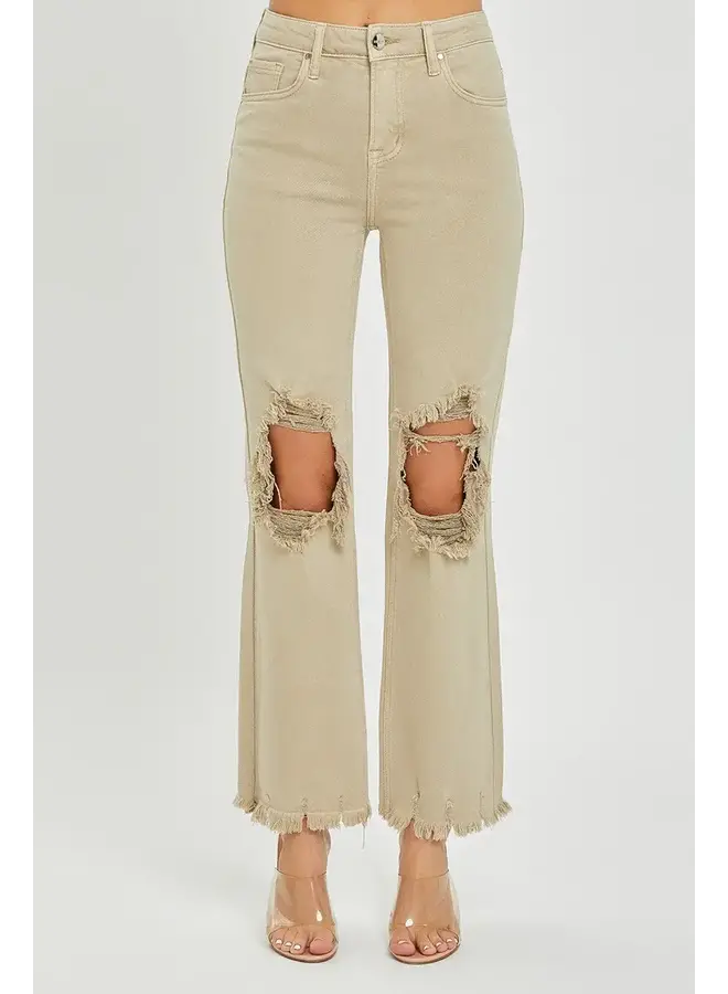 SAND HIGH RISE KNEE DISTRESSED STRAIGHT PANTS