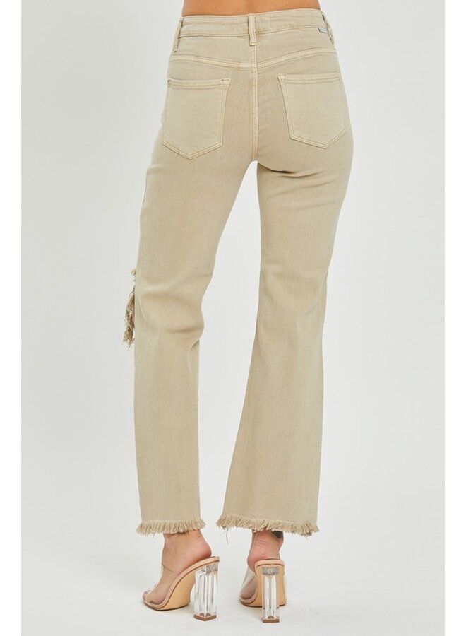 SAND HIGH RISE KNEE DISTRESSED STRAIGHT PANTS