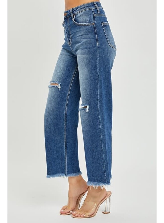 KATY HIGH RISE FRAYED  WIDE LEG JEANS-DARK WASH