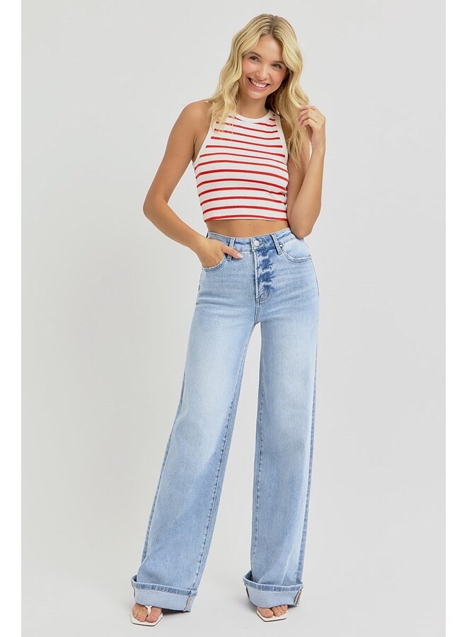 MARLEY HIGH RISE WIDE CUFFED JEANS-LIGHT WASH