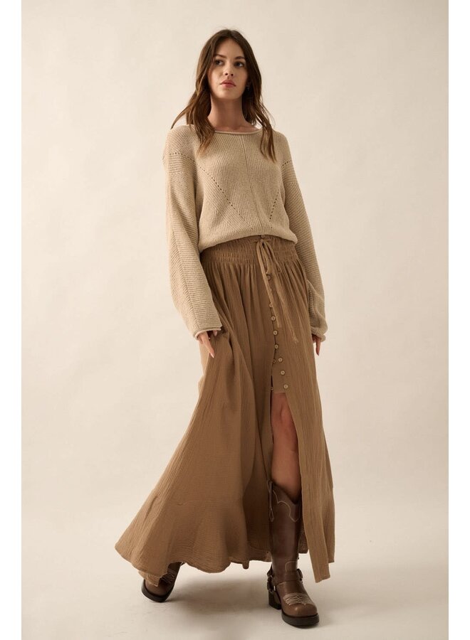 OPULENT FLOW FRONT-SLIT MAXI SKIRT ESPRESSO