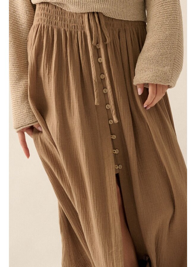 OPULENT FLOW FRONT-SLIT MAXI SKIRT ESPRESSO