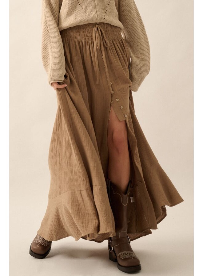 OPULENT FLOW FRONT-SLIT MAXI SKIRT ESPRESSO