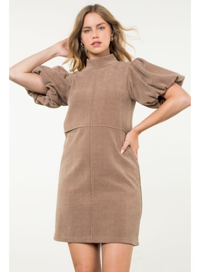 HOLIDAY VIBES STATEMENT SLEEVE MINI DRESS TAUPE