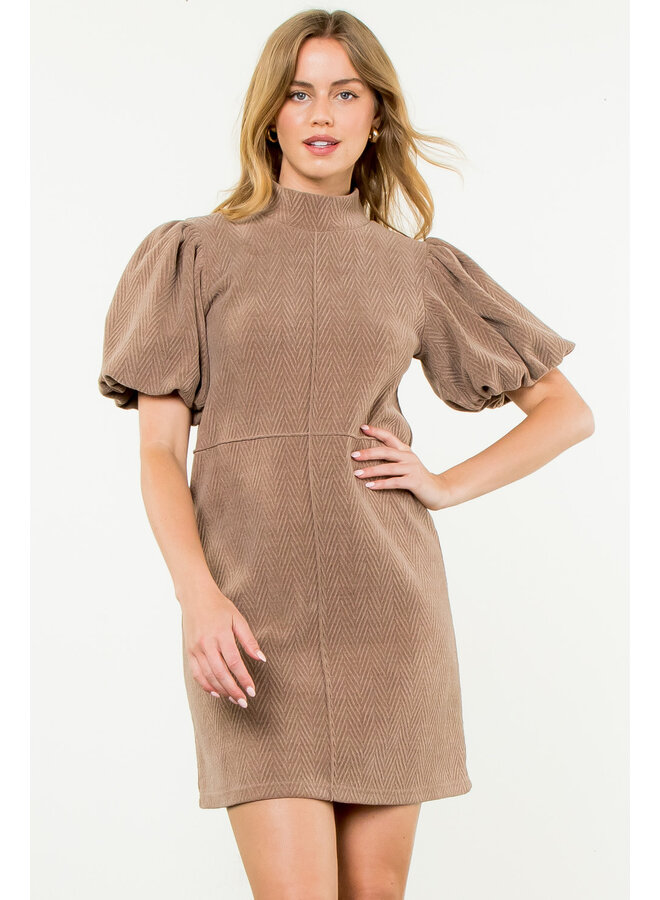 HOLIDAY VIBES STATEMENT SLEEVE MINI DRESS TAUPE