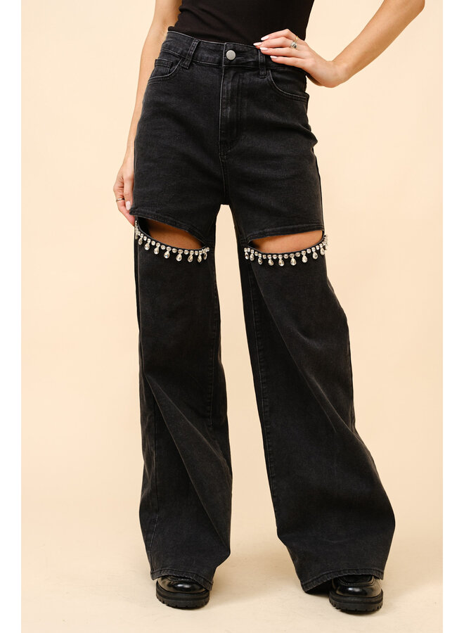 SWIFTIE RHINESTONE CUTOUT WIDE LEG DENIM
