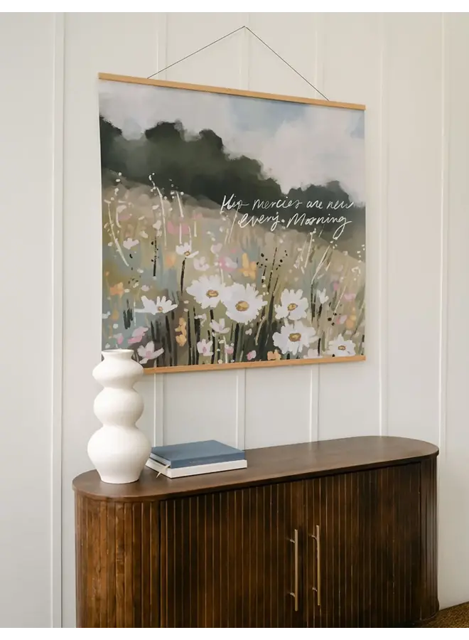 HIS MERCIES ARE NEW PRINT ON 40X36 COTTON CANVAS W/ BANNER WOOD