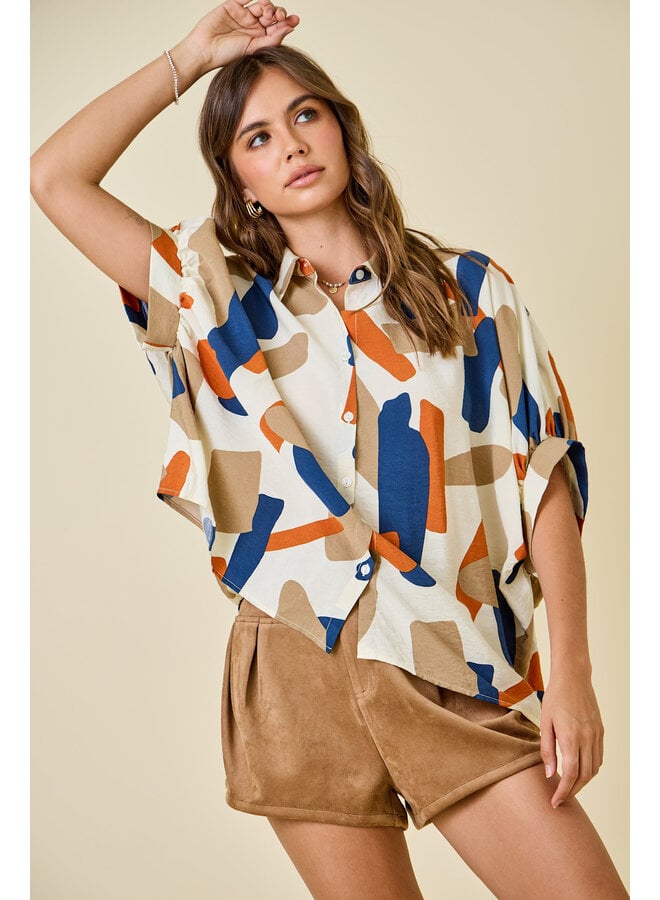 TEAGAN OVERSIZED BUTTON DOWN TOP - MULTI BRUSHSTROKES