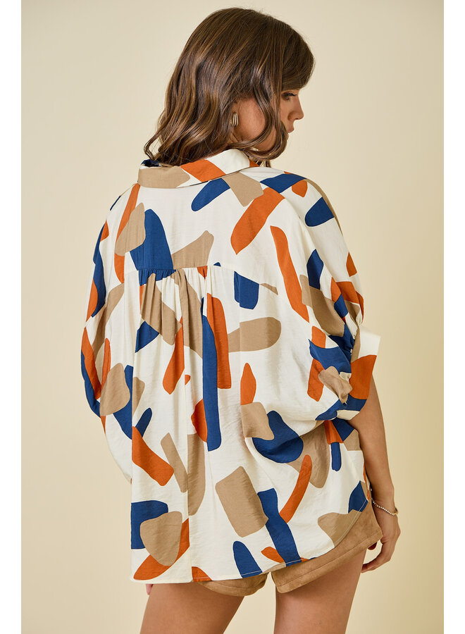 TEAGAN OVERSIZED BUTTON DOWN TOP - MULTI BRUSHSTROKES
