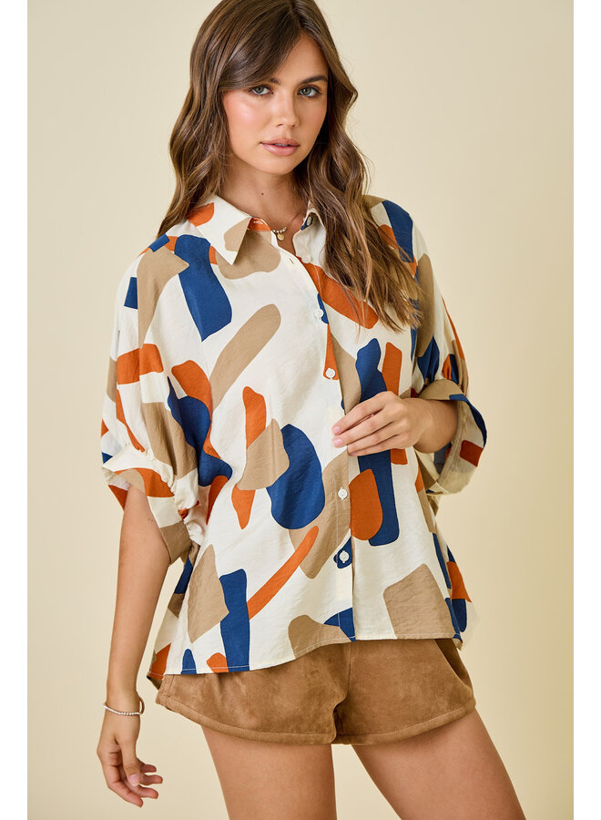 TEAGAN OVERSIZED BUTTON DOWN TOP - MULTI BRUSHSTROKES