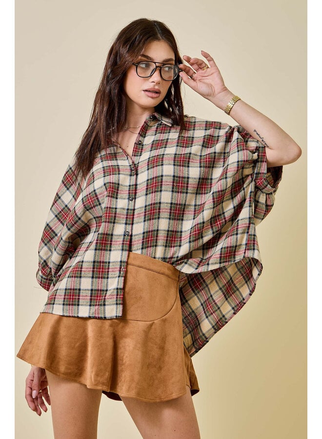 TEAGAN OVERSIZED BUTTON DOWN TOP - TAN PLAID