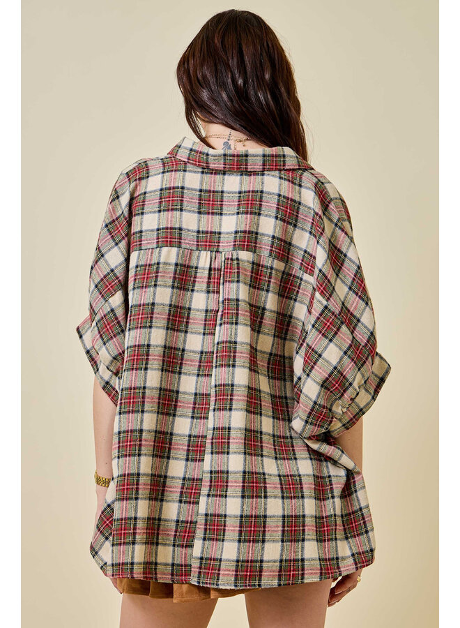 TEAGAN OVERSIZED BUTTON DOWN TOP - TAN PLAID