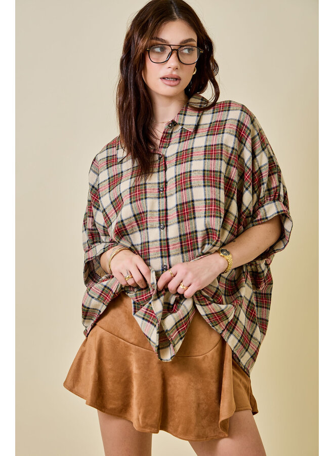 TEAGAN OVERSIZED BUTTON DOWN TOP - TAN PLAID