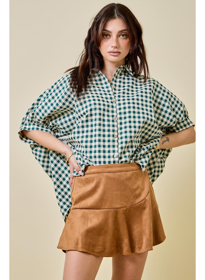 TEAGAN OVERSIZED BUTTON DOWN TOP - GREEN GINGHAM