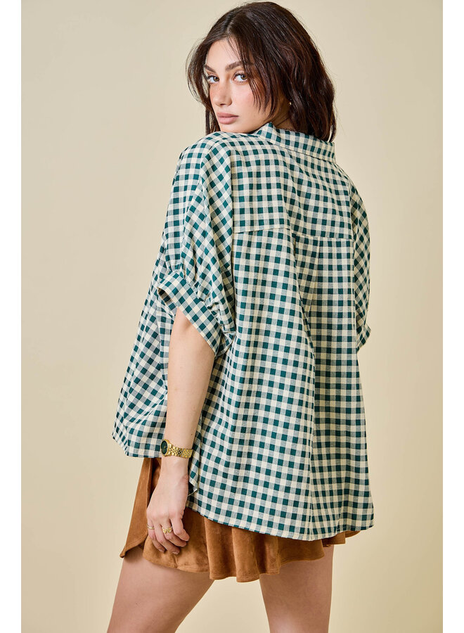 TEAGAN OVERSIZED BUTTON DOWN TOP - GREEN GINGHAM