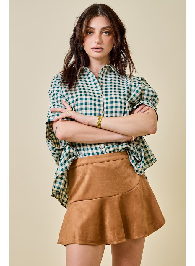 TEAGAN OVERSIZED BUTTON DOWN TOP - GREEN GINGHAM