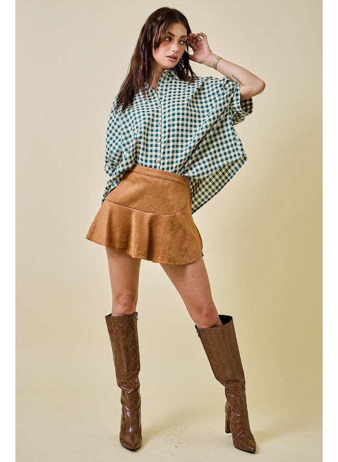 TEAGAN OVERSIZED BUTTON DOWN TOP - GREEN GINGHAM