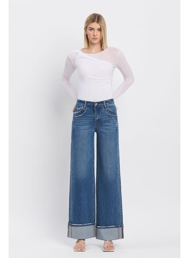 KRIS HIGH RISE CUFFED BAGGY JEAN - MED WASH