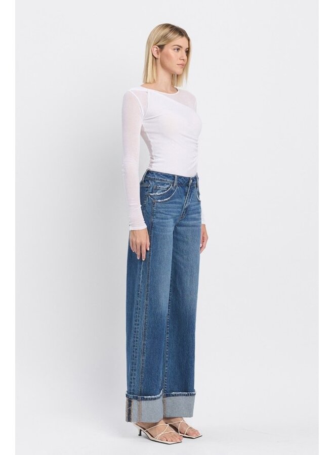 KRIS HIGH RISE CUFFED BAGGY JEAN - MED WASH