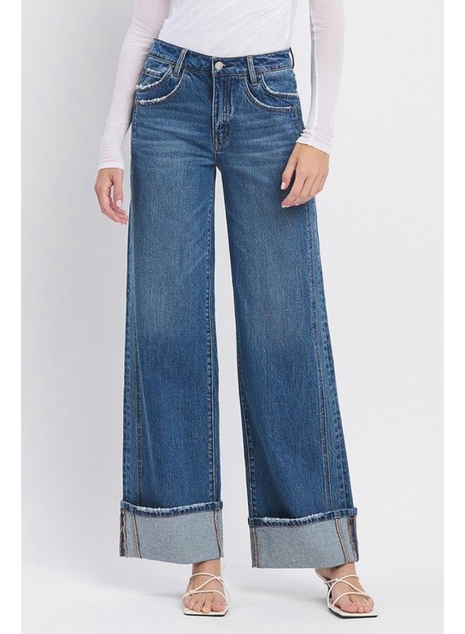 KRIS HIGH RISE CUFFED BAGGY JEAN - MED WASH