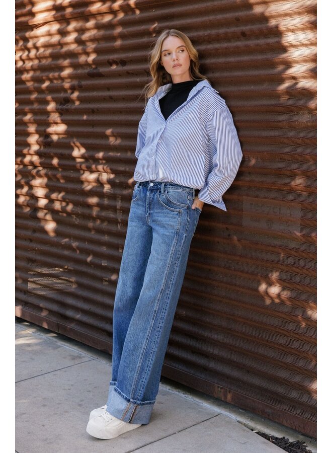 KRIS HIGH RISE CUFFED BAGGY JEAN - MED WASH
