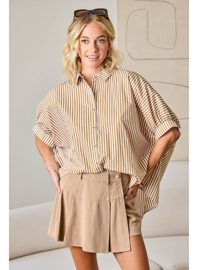 TEAGAN OVERSIZED STRIPE BUTTON DOWN  - MUSTARD BROWN