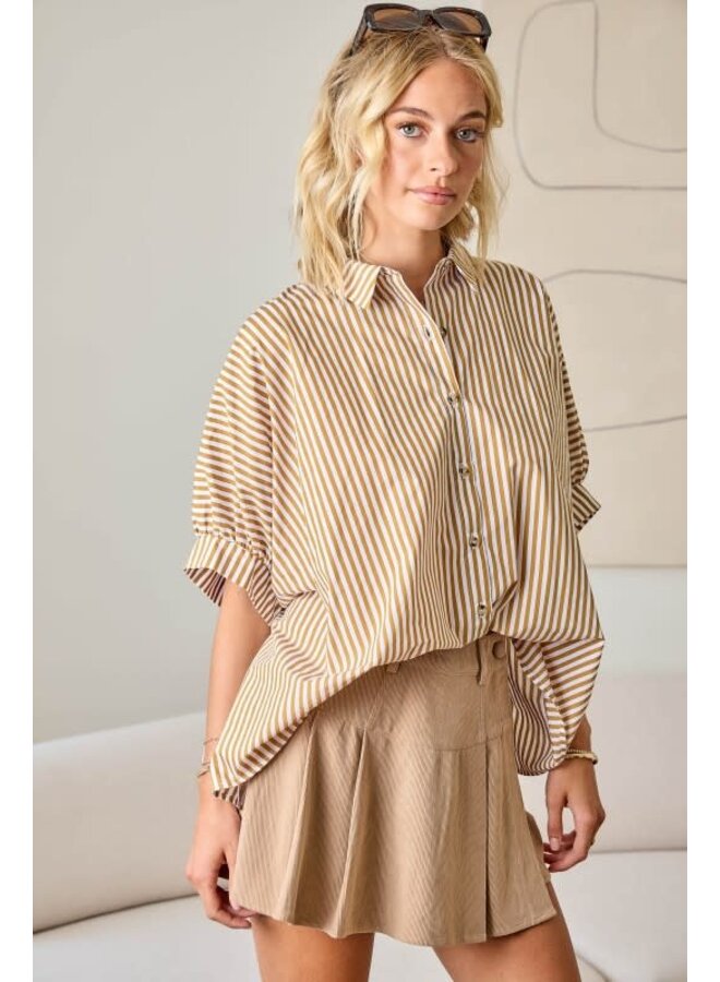TEAGAN OVERSIZED STRIPED BUTTON DOWN-MUSTARD BROWN